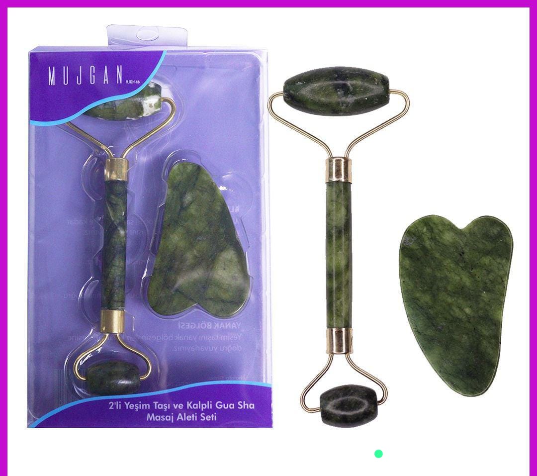 MUJGAN 2 Lİ YEŞİM TAŞI VE GUA SHA MASAJ ALETİ SETİ *