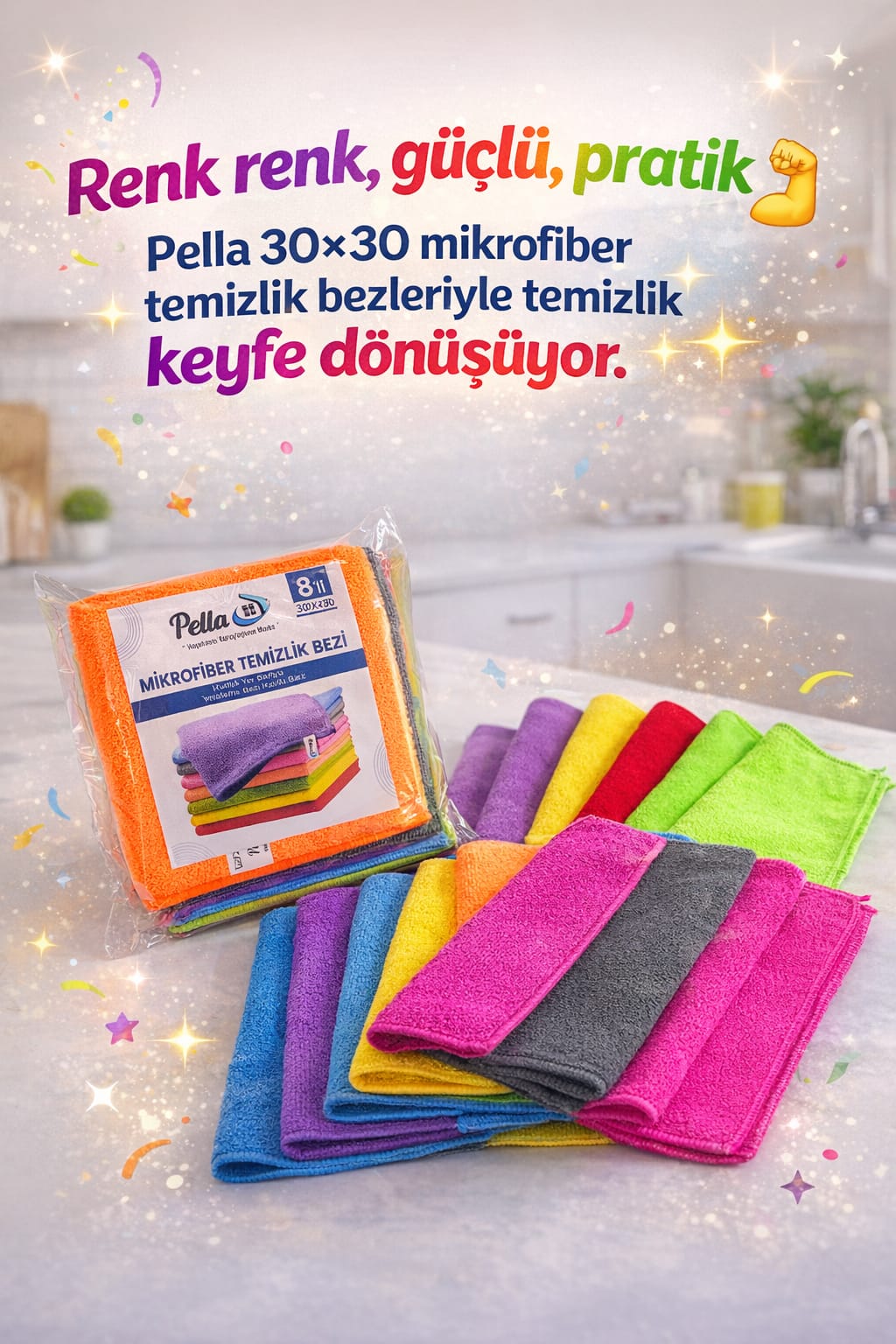 Pella 8 li Çok Amaçlı Genel Temizlik Bezi, Mikrofiber (Havlu Bez) 30X30cm*